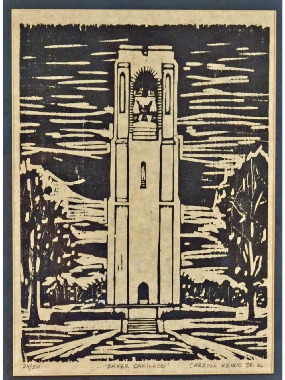 Carroll Kehne Jr 1966 Baker Carillon Signed Woodcut Print 24/50 Framed - Picture 2 of 3